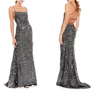 NWT Mac Duggal Sequined Open Back Lace Up Gown Trumpet Maxi Dress Size 6